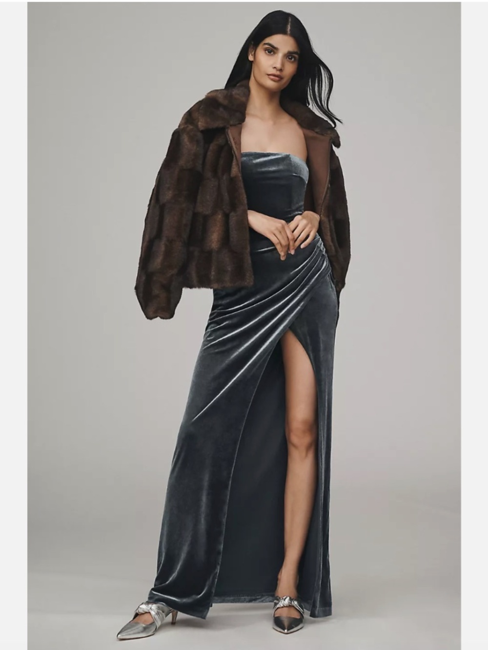 NWT BHLDN LUELLA STRAPLESS SIDE-SLIT STRETCH VELVET MAXI DRESS